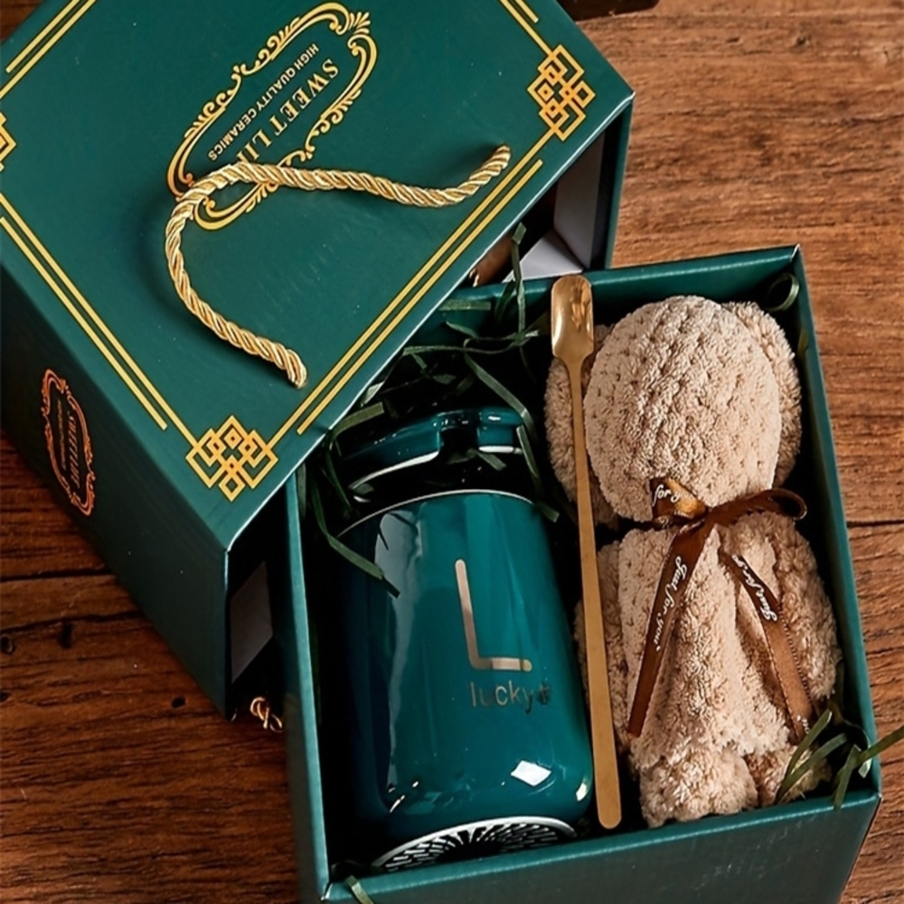 Luxury Red Gift Mug Set – Premium Ceramic Cup with Lid, Gold Spoon & Soft Plush